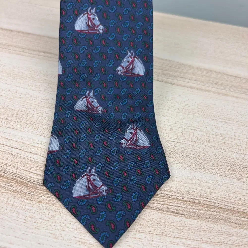 Etro Silk Necktie Horse Equestrian Navy Blue Paisley Boho Luxury Designer Tie